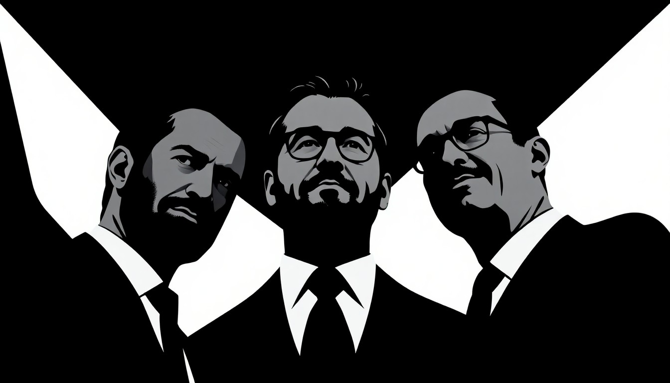 An abstract composition of bold, jagged geometric shapes in black and white, representing the trio of Ben Affleck, Matt Damon, and Jimmy Fallon in a conceptual, minimalist style.