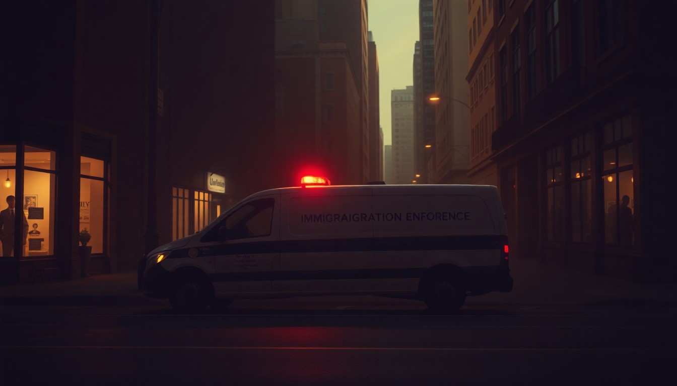 A photorealistic painting of a solitary immigration enforcement vehicle parked on a dimly lit city street, with warm sunlight and deep shadows creating a contemplative, cinematic mood that reflects the complex issues surrounding the VOICE program.