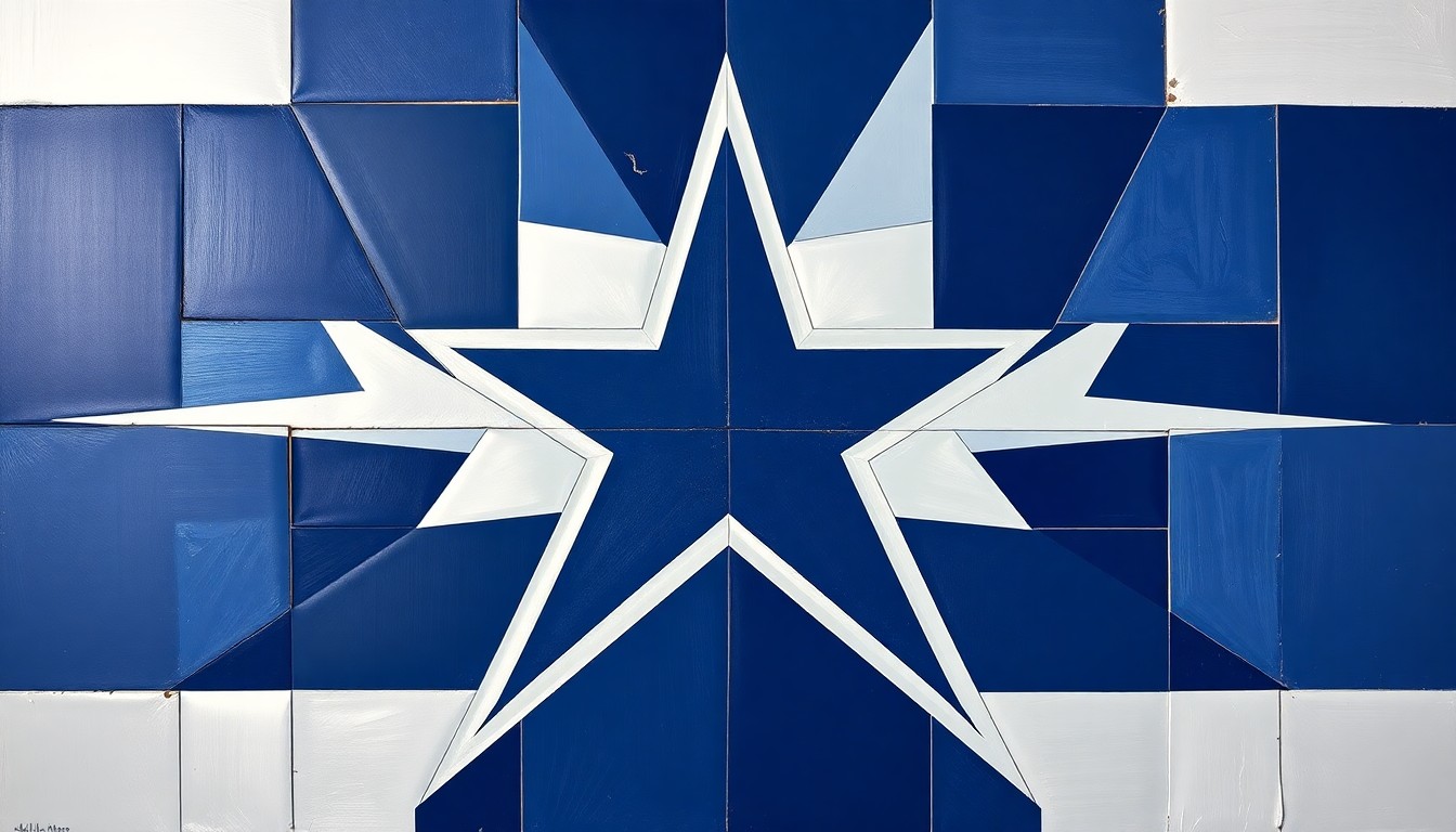 A fragmented, geometric painting in navy blue, silver, and white tones, deconstructing the Dallas Cowboys' star logo into sharp, overlapping planes, conveying the team's lasting impact on American sports culture.