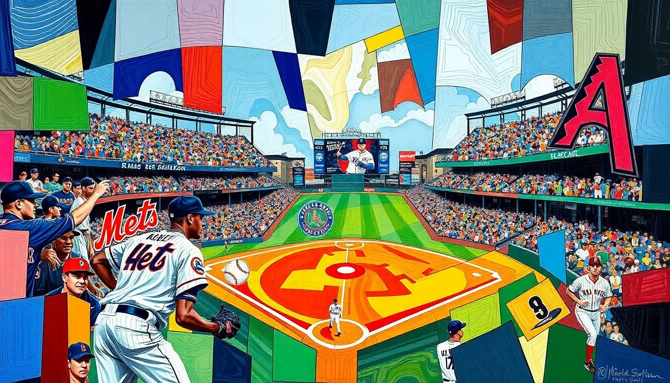 A fragmented, geometric painting in bold blues, oranges, and greens, depicting the dynamic action of a baseball game through overlapping planes and shapes, without any identifiable players or teams.