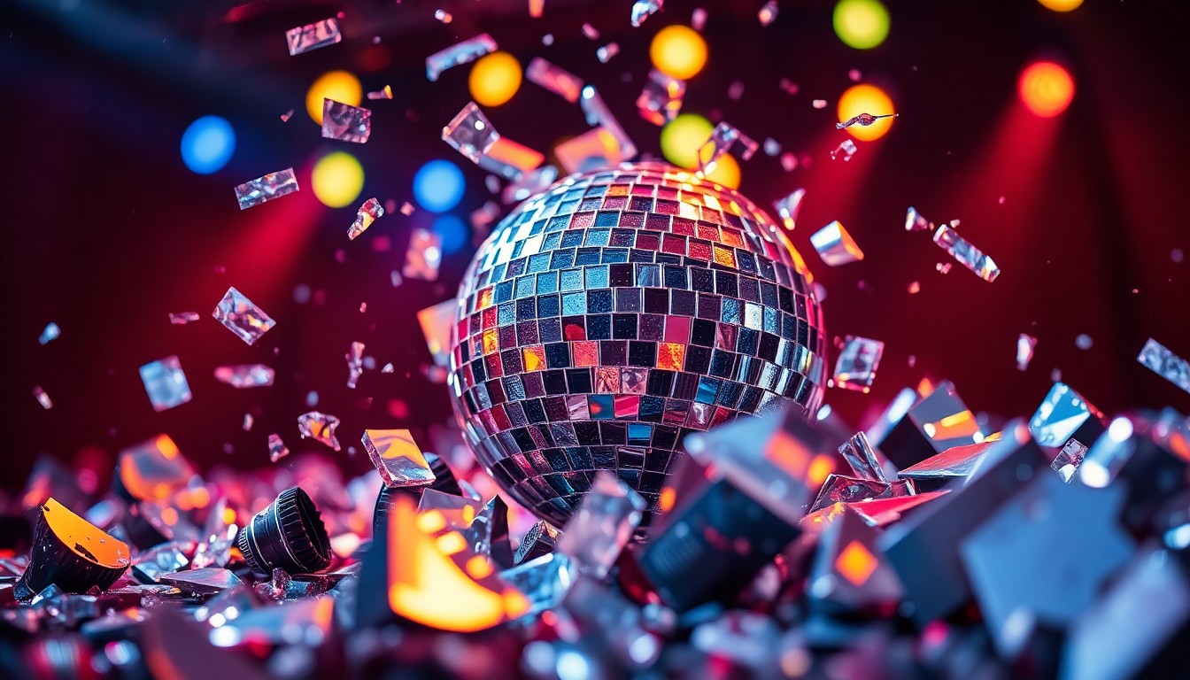 An extreme close-up photograph of shattered disco ball fragments reflecting colorful stage lights, conveying the emotional complexity and fragility of a celebrity relationship.