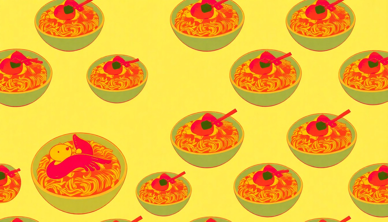 A high-contrast, silkscreen-style grid of a single seafood dish, such as a bowl of khao soi noodles, rendered in a bold, neon color palette that captures the casual, coastal vibe of the new restaurant.