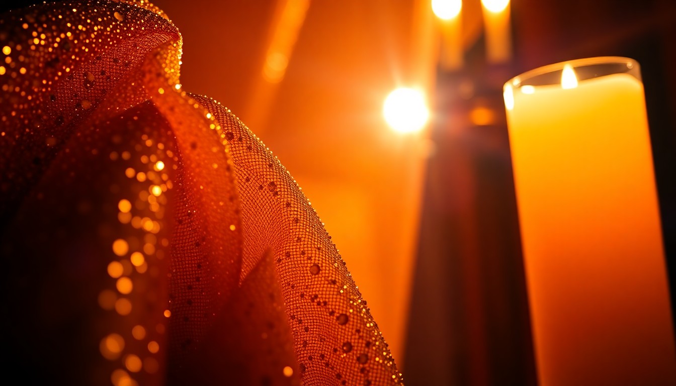 An abstract close-up photograph showcasing the rich, textured fabrics and dramatic lighting that will set the tone for Elias Hendricks' 'Classical Soul by Candlelight' performance in Birmingham.