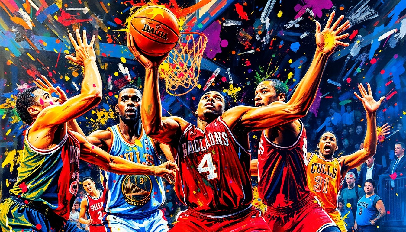 An abstract, energetic painting in neon colors depicting the motion and intensity of a basketball game, with players' forms blending into the vibrant brushstrokes.