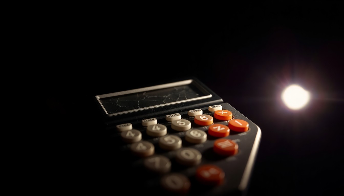 An extreme close-up photograph of a calculator with a cracked display, conceptually illustrating the financial fraud and misuse of community funds.