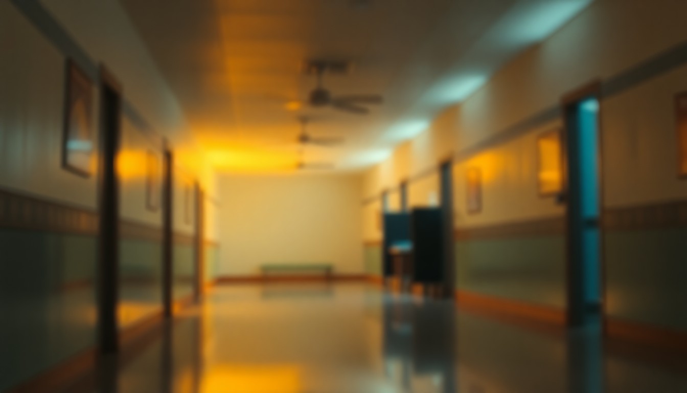 An extremely abstracted, out-of-focus photograph of an empty school hallway, with soft, warm pools of yellow and orange light creating a sense of unease and uncertainty about the situation.