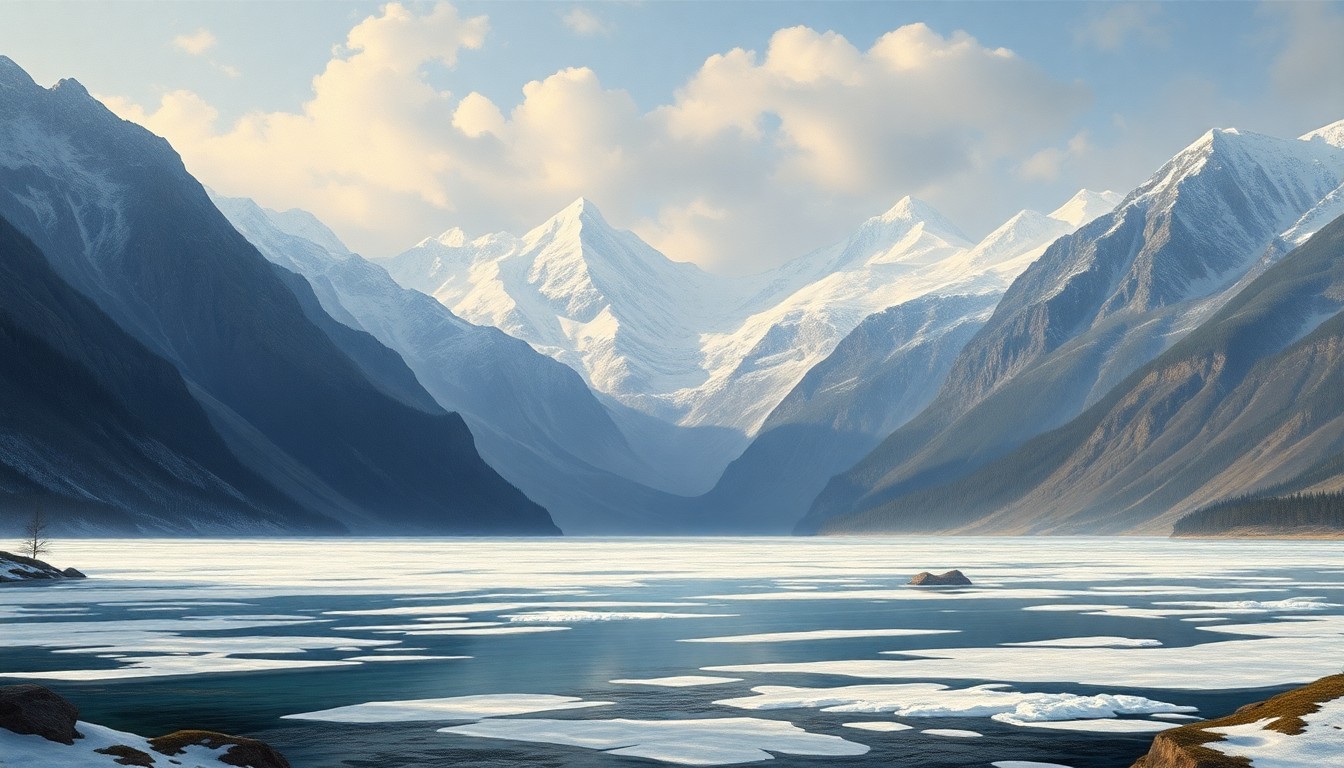A vast, majestic landscape painting in the style of Caspar David Friedrich, depicting a frozen lake or river surrounded by towering, snow-capped mountains, conveying the overwhelming, sublime scale of the natural world.