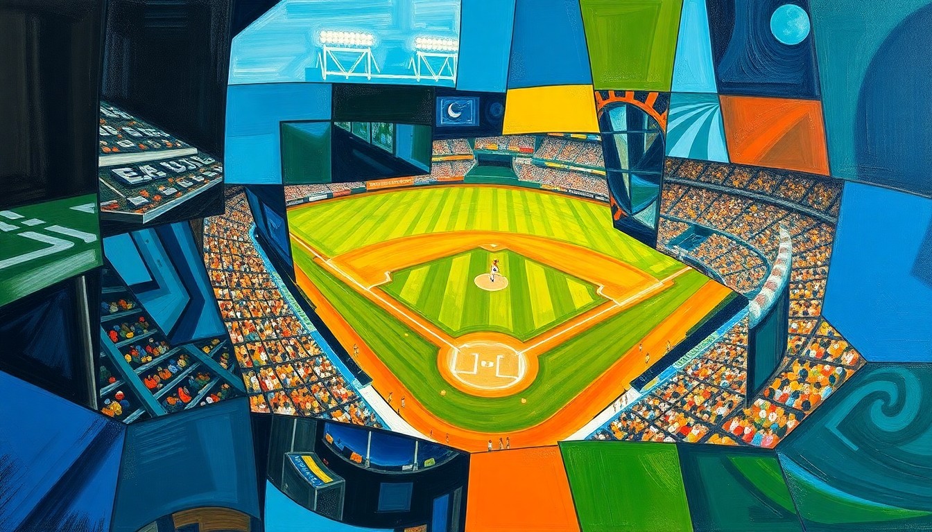 A cubist-style painting depicting a fragmented baseball game, with sharp geometric shapes and vibrant colors representing the dynamic energy of the sport.