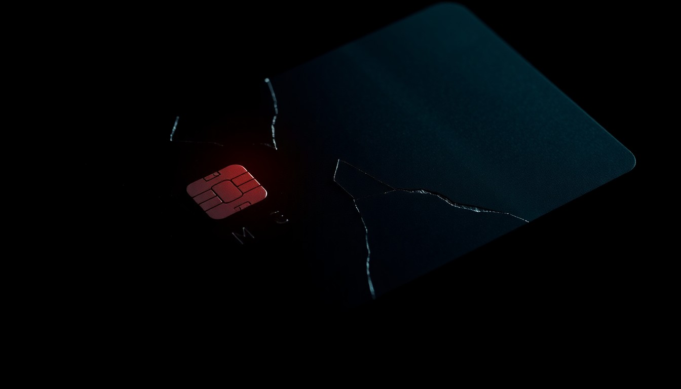 An extreme close-up photograph of a damaged credit card against a dark background, conceptually representing the financial vulnerabilities exposed by a celebrity's credit card fraud incident.