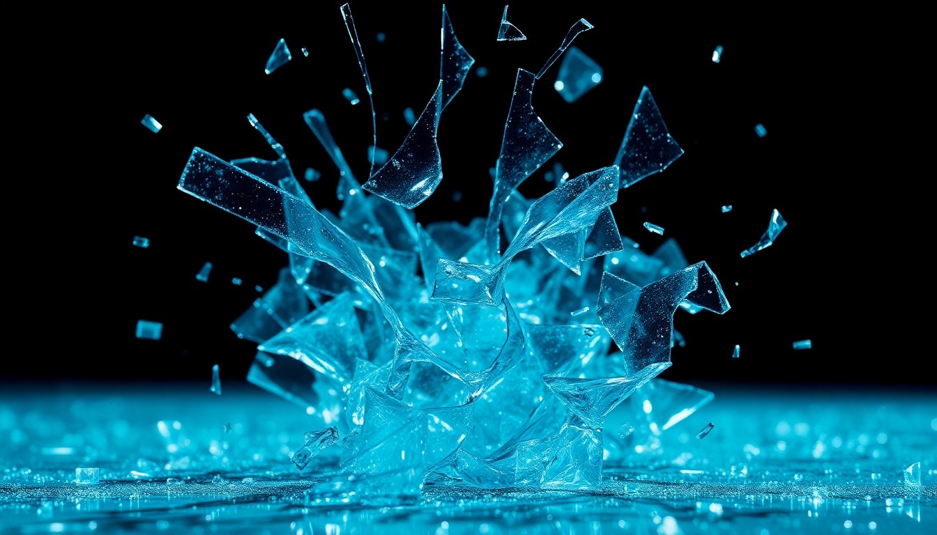 An abstract close-up image of shattered glass shards reflecting bright light, conveying the glamorous yet edgy aesthetic of Lords of Acid's musical comeback.