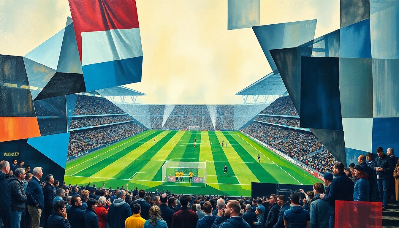 A cubist-style painting depicting a Scottish Premiership football match broken down into sharp, overlapping geometric shapes and planes, capturing the dynamic and competitive nature of the league.