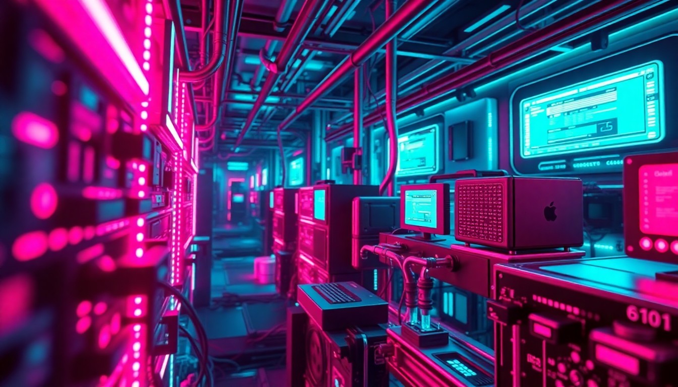 A highly detailed, 3D illustration of glowing, illuminated tech components and infrastructure, representing the complex digital systems powering OpenAI's AI advancements.