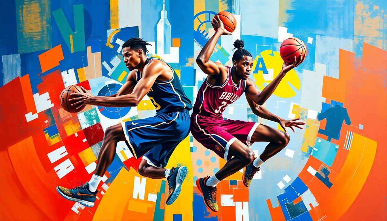 A cubist, geometric painting depicting the dynamic movements and competitive energy of two NBA players, with overlapping planes and fractured perspectives capturing the essence of their parallel rise to stardom.