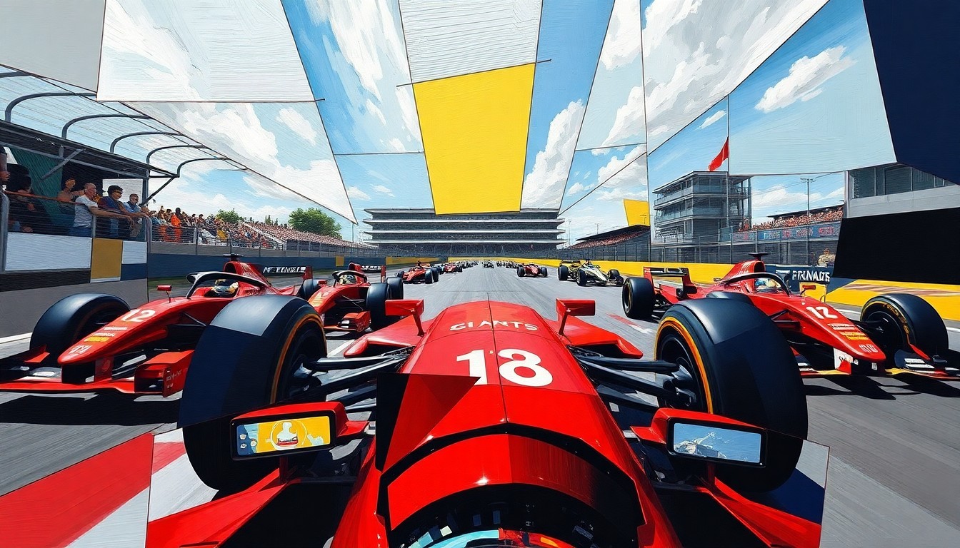 A cubist, geometric painting depicting a fragmented Formula One race scene, with overlapping planes of color and shape representing the complex dynamics within the sport.