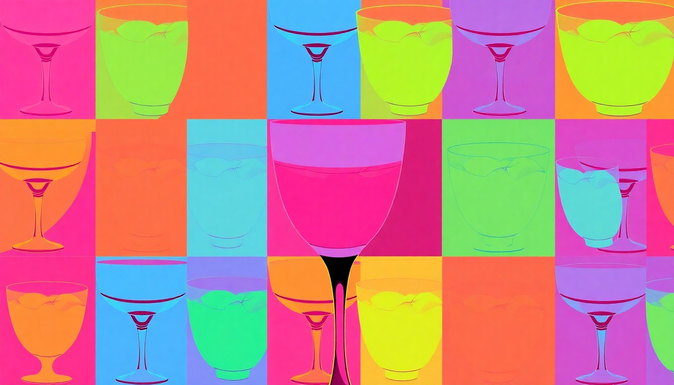 A vibrant, high-contrast silkscreen print featuring a repeated image of a parfait glass filled with layers of colorful dessert, conceptually representing the innovative fusion of gumbo and dessert in the Lagniappe Parfait.