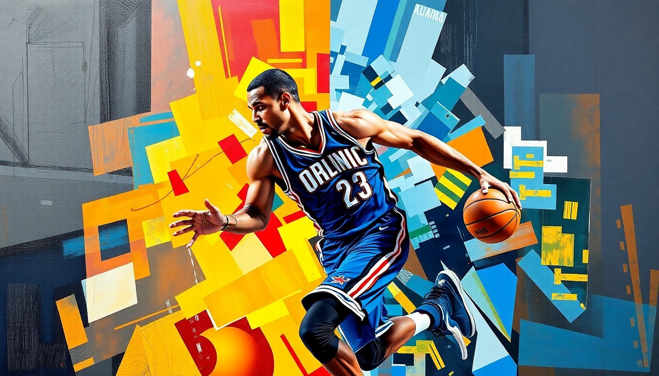 A cubist-style painting depicting a basketball player in motion, with their body broken down into sharp, overlapping geometric shapes in the colors of the Orlando Magic and Atlanta Hawks uniforms, capturing the dynamic energy of the game.