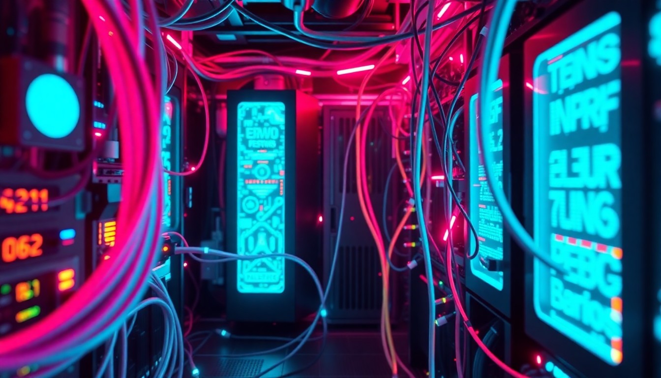 A highly detailed, glowing 3D illustration of a complex network of illuminated cables, servers, and other digital infrastructure elements, representing the critical technology systems that power modern education.