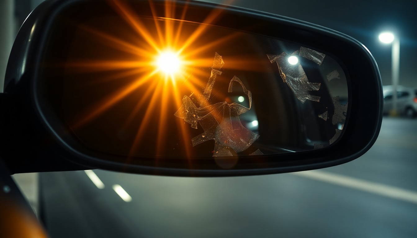 An extreme close-up photograph of a damaged car side mirror reflecting the harsh glare of a camera flash, conceptually representing the aftermath of a parking lot collision.