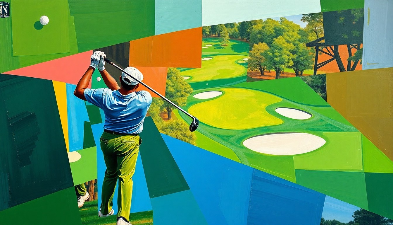 A cubist, geometric painting depicting a golfer's swing and the Augusta National course broken down into sharp, overlapping planes of color, capturing the evolving nature of the iconic tournament.