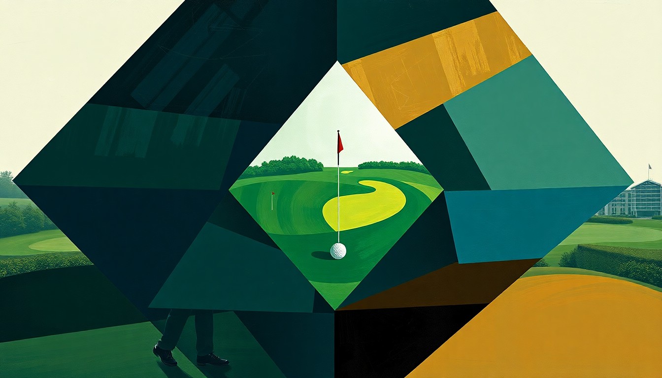 A cubist, geometric painting depicting a fragmented golf tournament, with sharp, overlapping planes of color representing the complex dynamics between the LIV Golf league and the PGA Tour.
