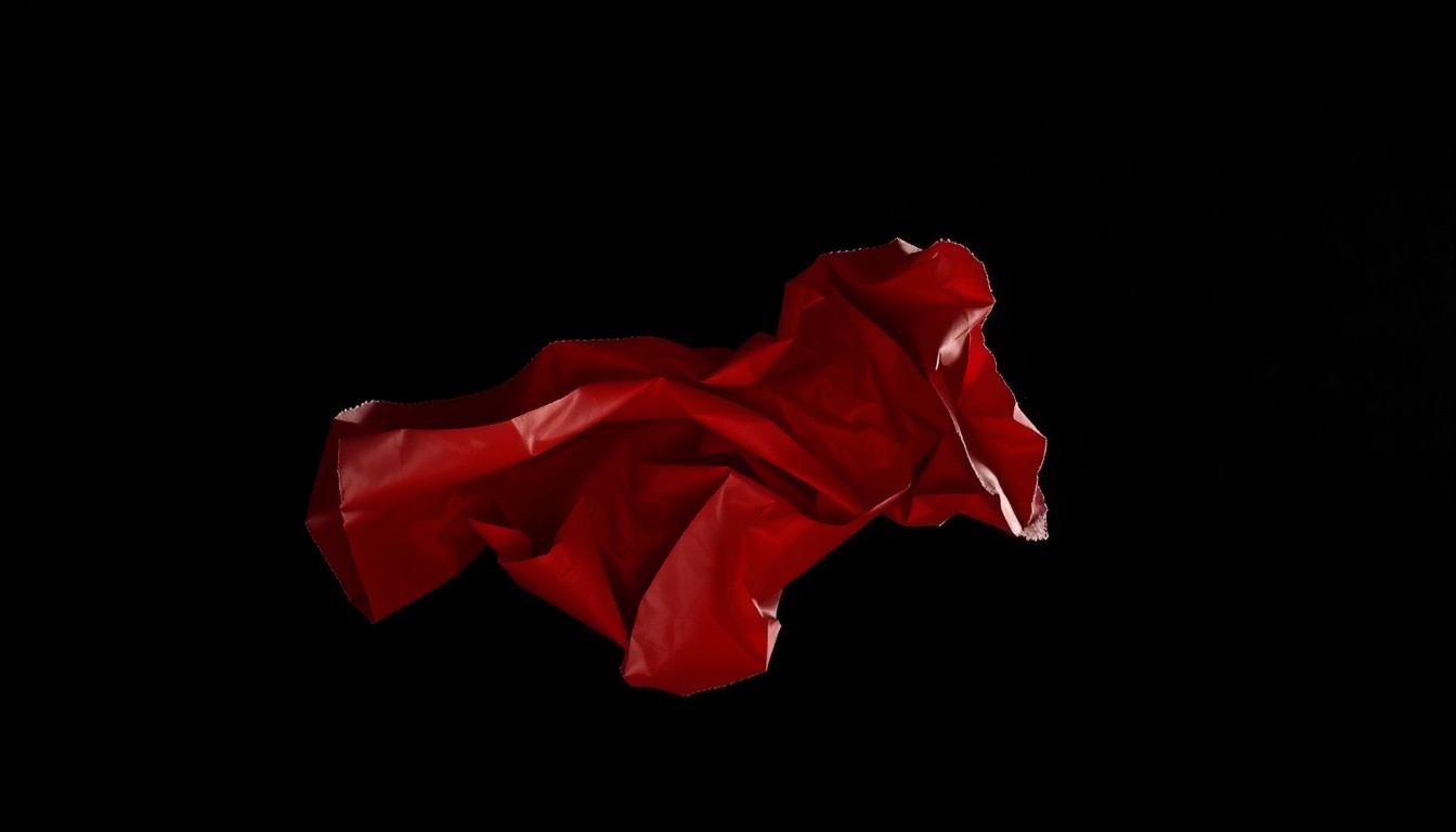 An extreme close-up photograph of a single piece of crumpled, torn fabric in a dark, shadowy environment, lit by a harsh, direct camera flash, conceptually representing the aftermath of a violent altercation without depicting any literal violence.