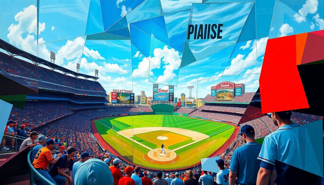 A fractured, geometric painting depicting a baseball game, with sharp planes of color representing the players, field, and stadium environment.
