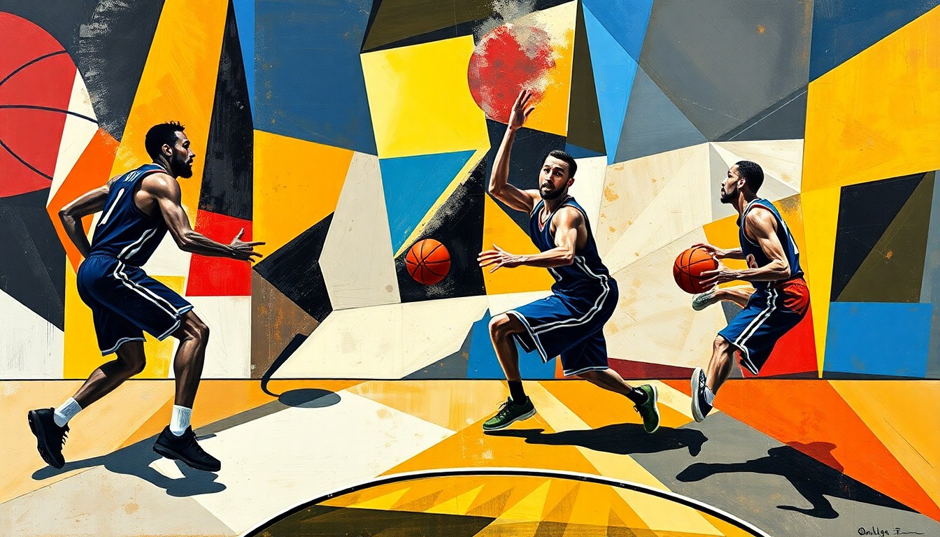 A fractured, multi-perspective painting breaking down a basketball game into sharp, overlapping geometric planes of color and abstract shapes, capturing the dynamic energy of the players and court.