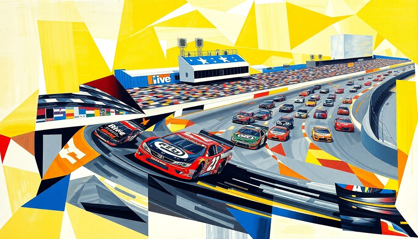 A fractured, multi-perspective painting breaking down a NASCAR race at Bristol Motor Speedway into sharp, overlapping geometric planes of color, capturing the blur of cars navigating the tight turns and the critical importance of tire wear.