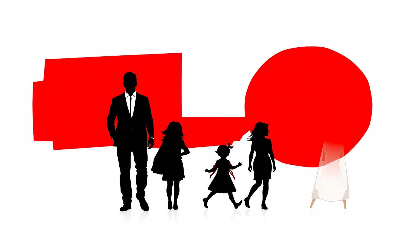 An abstract composition of bold, geometric shapes in high-contrast colors, conceptually representing the diverse paths chosen by a famous family as they navigate the complexities of public life.