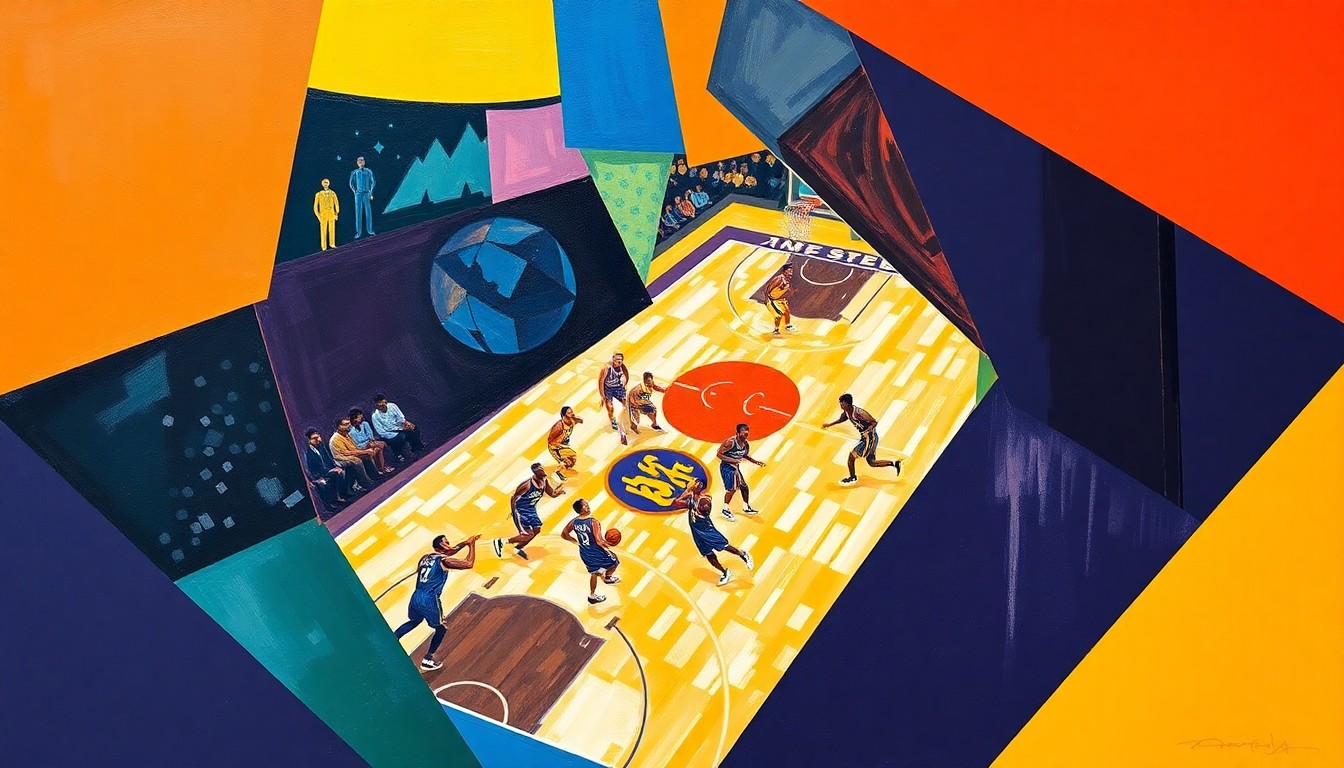 A fractured, multi-perspective painting in a cubist style, breaking down a basketball game between the Denver Nuggets and Los Angeles Lakers into sharp, overlapping geometric planes. The players' movements and the court's energy are abstracted into a dynamic, cubist composition.