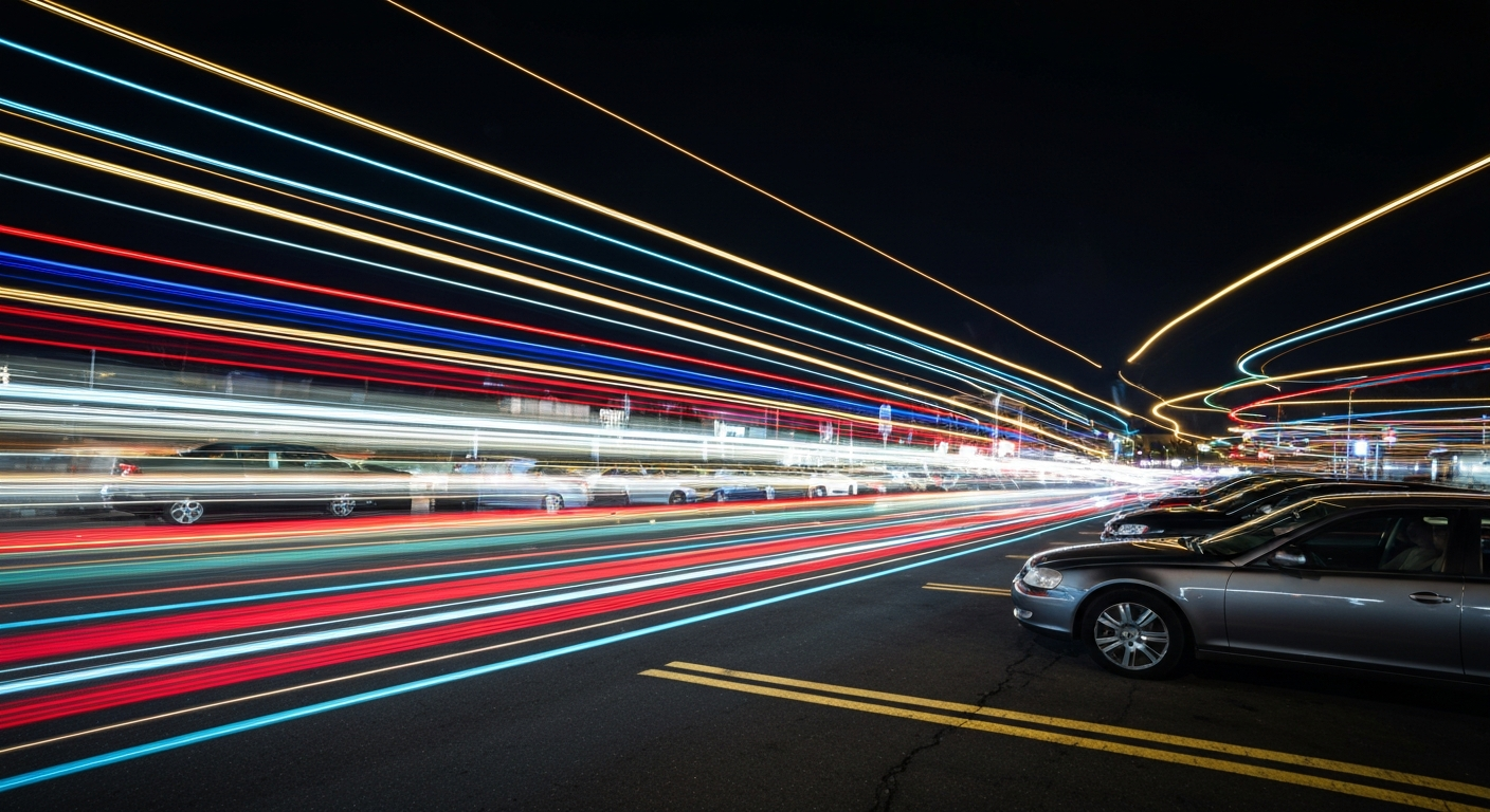 An abstract, blurred image of several parked cars at night, with the vehicles transformed into vibrant streaks of color and motion, conveying the energy and excitement of the car enthusiast community.