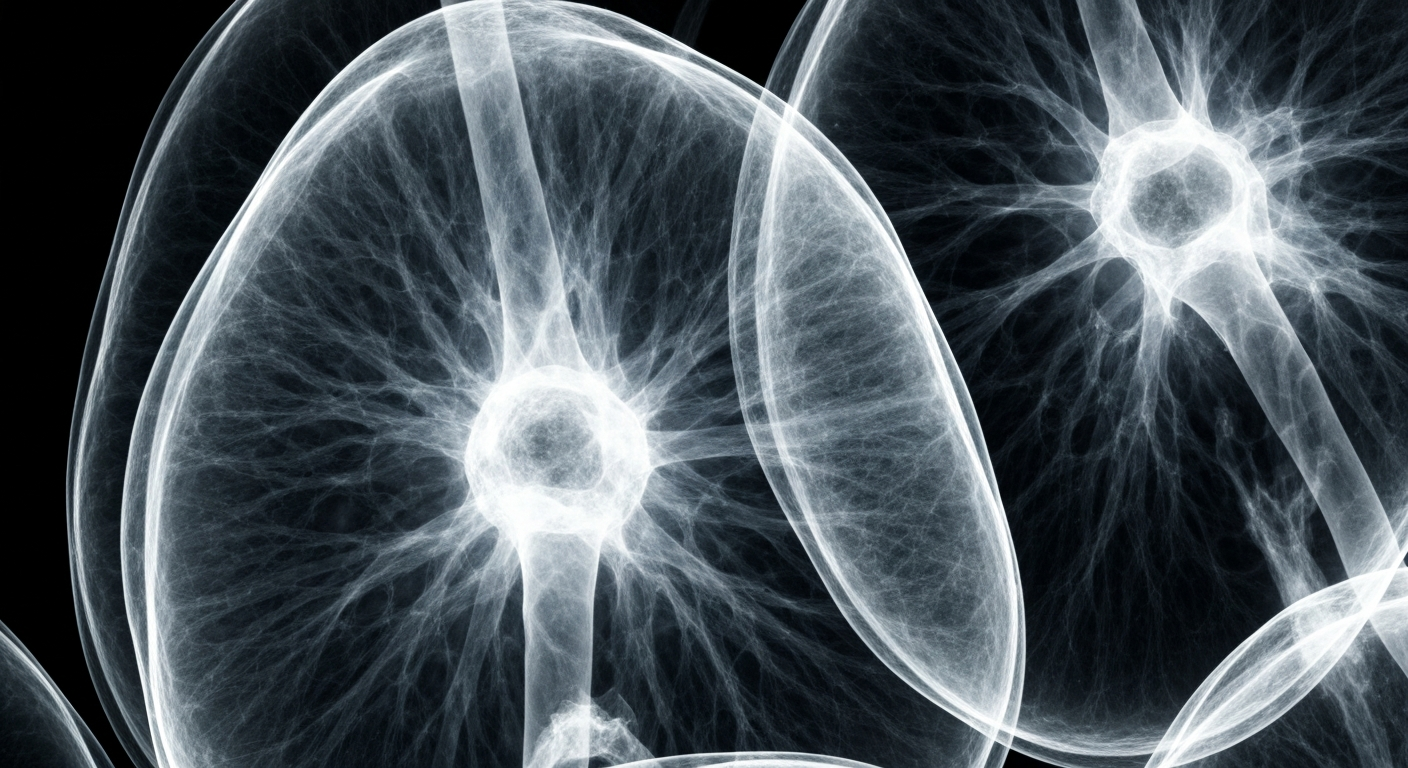 A ghostly, X-ray-like image revealing the intricate internal structures of aged, inflamed lung fibroblasts, conceptually illustrating the biological mechanisms behind increased COVID-19 and flu risks for older adults.