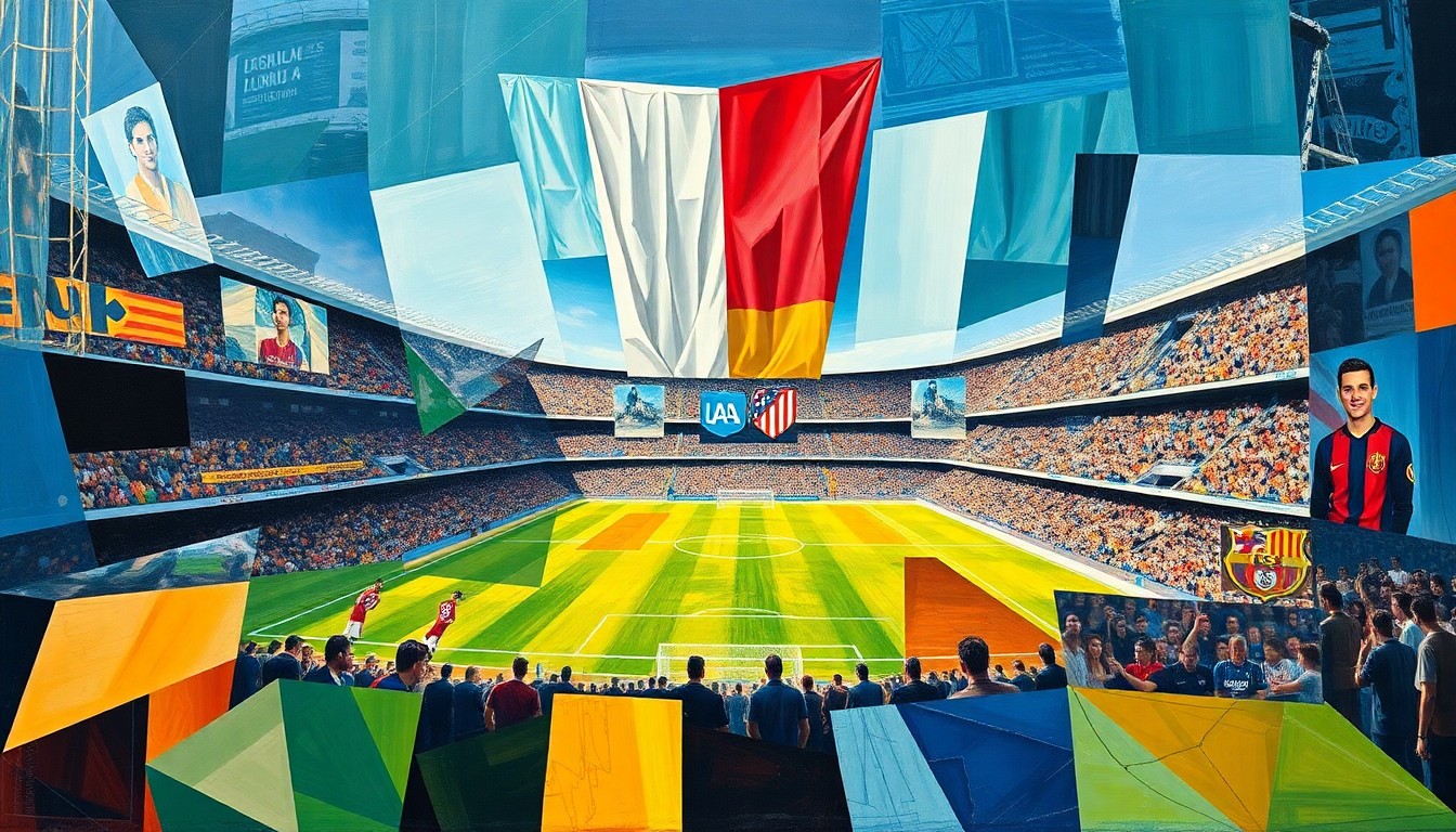 A cubist, geometric painting depicting a football match, with players and the ball fragmented into overlapping shapes and planes, conveying the complexity and controversy surrounding the VAR decision in the game.