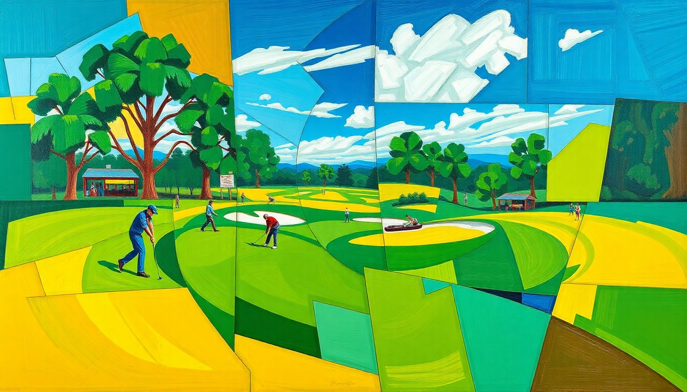 A cubist, geometric painting in vibrant colors depicting a fragmented, multi-perspective scene of a golf tournament, conceptually representing the contrasts and complexities of the opening round of the 2026 Masters.