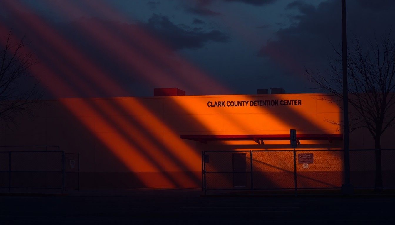 A cinematic painting of the exterior of a detention center, with warm sunlight and deep shadows creating a contemplative mood about the intersection of local law enforcement and federal immigration policy.