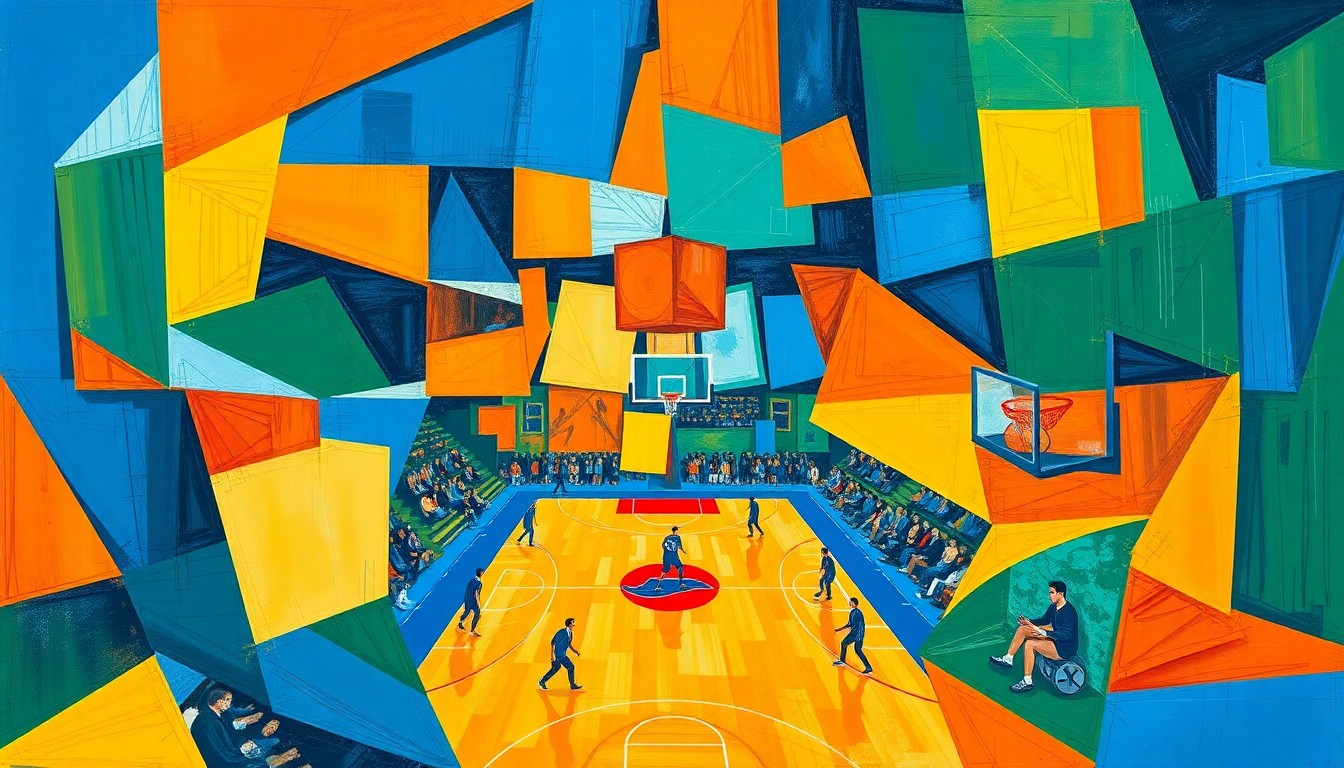 A fractured, multi-perspective painting in vibrant colors of blue, orange, and green, breaking down a college basketball game into sharp, overlapping geometric planes, conceptually representing the unpredictable nature of the upcoming season.