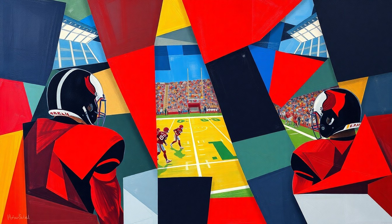 A cubist, geometric painting depicting a fragmented football field or coaching scene, with sharp, overlapping planes of color in the Cardinals' signature red and blue hues, conveying the multifaceted nature of the team's head coaching search.