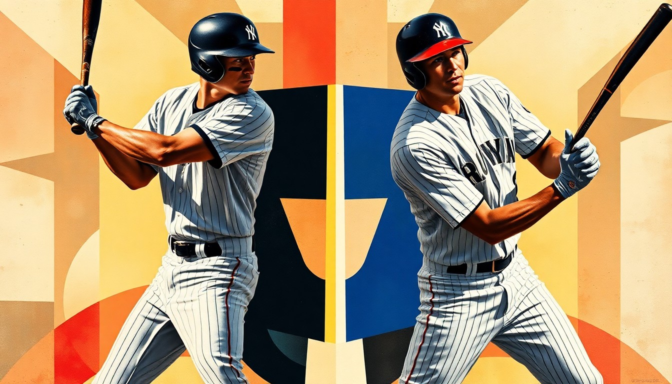 A fractured, cubist-style painting depicting the batting stances and swings of Aaron Judge and Shohei Ohtani, their bodies and uniforms broken down into sharp, overlapping geometric shapes that capture the raw power and dynamism of their movements.
