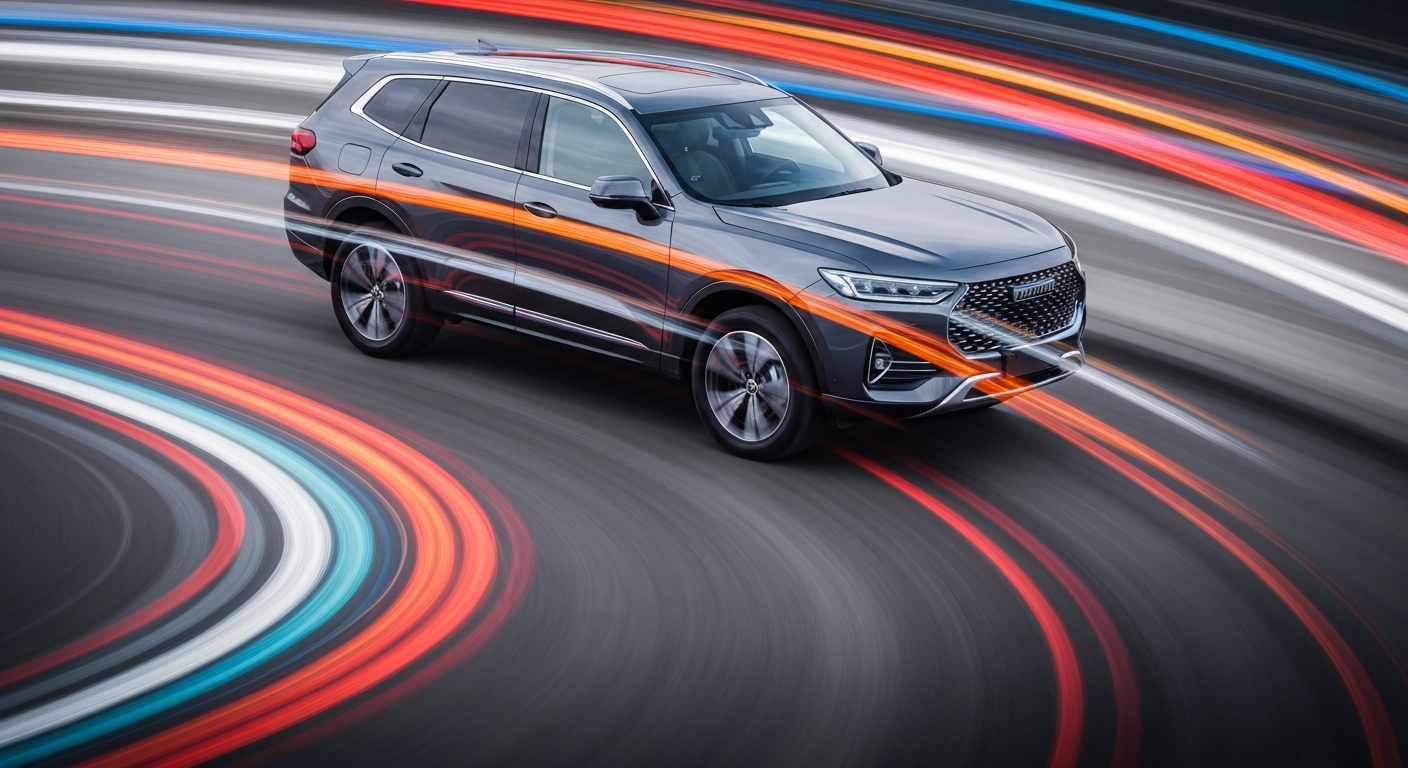 An abstract, blurred image of a Haval HX SUV in motion, with vibrant streaks of color conveying a sense of speed and modern engineering.