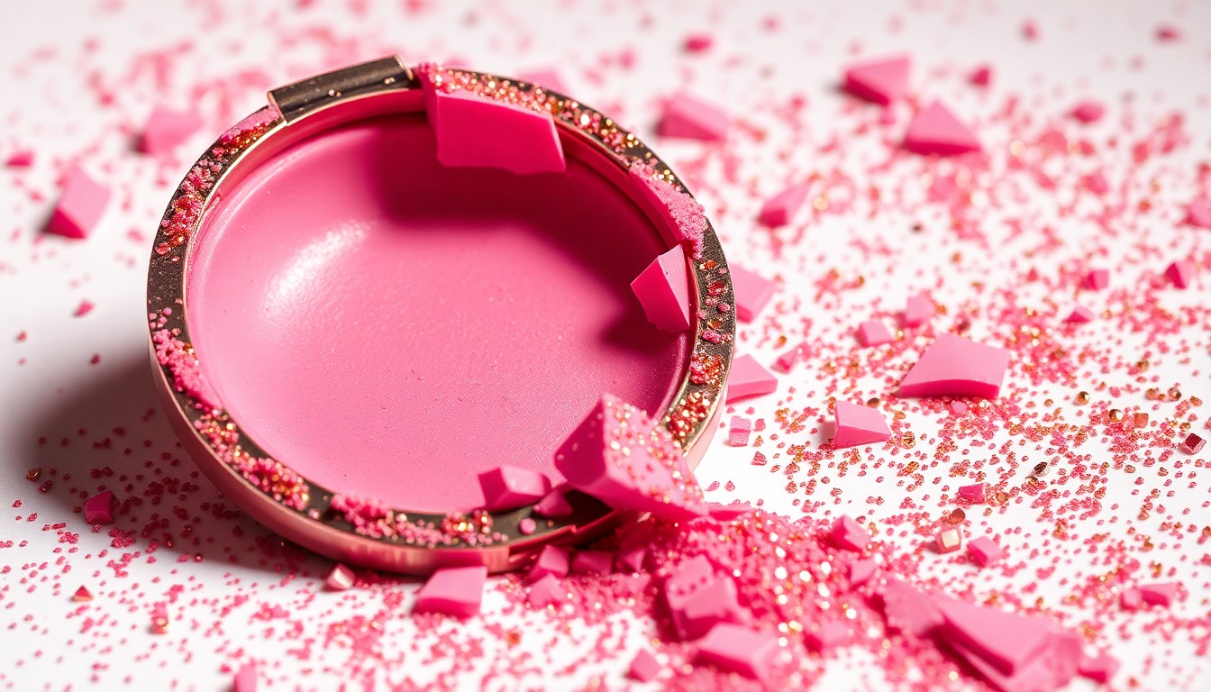 An abstract close-up photograph of a shattered, glittering makeup compact in shades of pink and gold, capturing the high-stakes emotional turmoil and personal stakes faced by the characters on the soap opera.