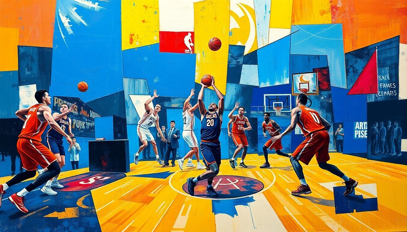 A fractured, multi-perspective painting in vibrant blues, reds, and yellows, breaking down a basketball game into sharp, overlapping geometric planes to capture the raw energy and athleticism of the players.