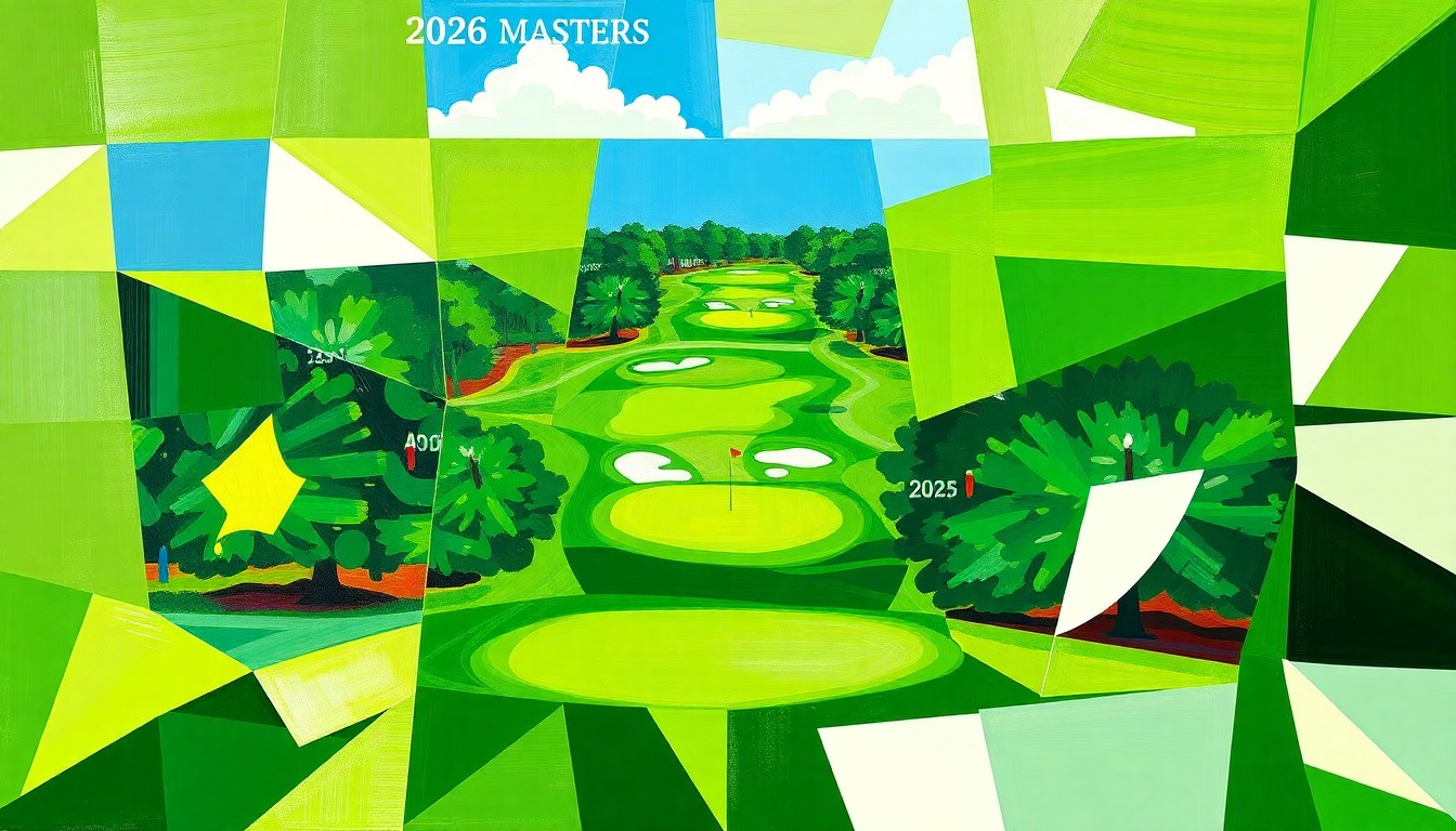 A cubist, geometric painting in shades of green, white, and blue, capturing the dynamic energy and multi-faceted nature of the 2026 Masters tournament at Augusta National.