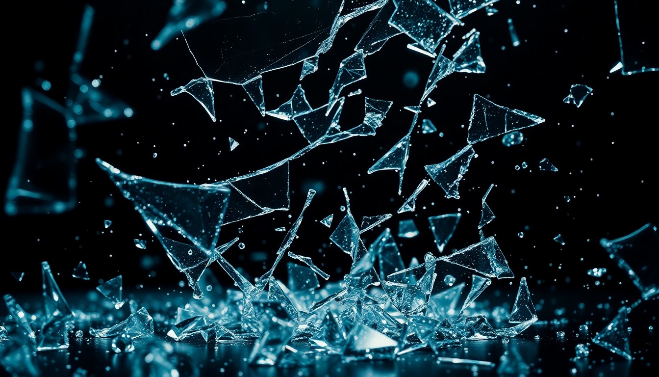 An extreme close-up of shattered glass and glittering shards, conceptually representing the dark and twisted nature of the 'Saw' franchise's psychological horror.
