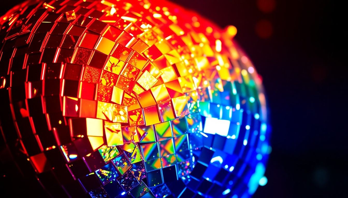 An abstract close-up image of shattered disco ball fragments reflecting colorful lights, capturing the glitz and energy of a Pride celebration.