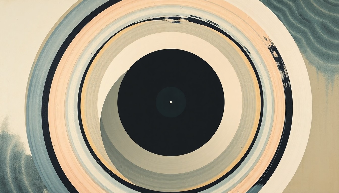 An abstract painting in soft, flat colors featuring sweeping geometric arcs, concentric planetary circles, and precise botanical spirals, conceptually representing the complex scientific forces and concepts involved in the Artemis II mission.