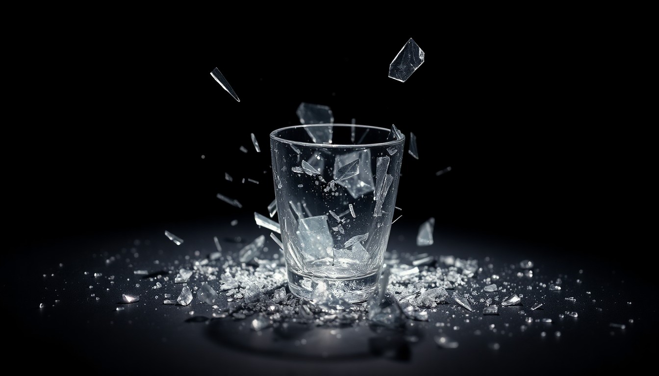 An extreme close-up photograph of shattered glass in dramatic, high-contrast studio lighting, conceptually representing the fragility of a celebrity relationship.
