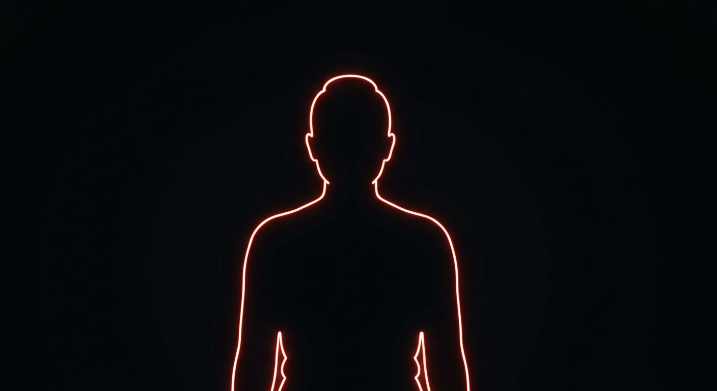 A minimalist design in the style of Keith Haring, where the outline of a person's silhouette is defined entirely by vibrant, glowing neon lines against a deep, dark background, conveying the emotional turmoil of individuals facing unaffordable healthcare options.