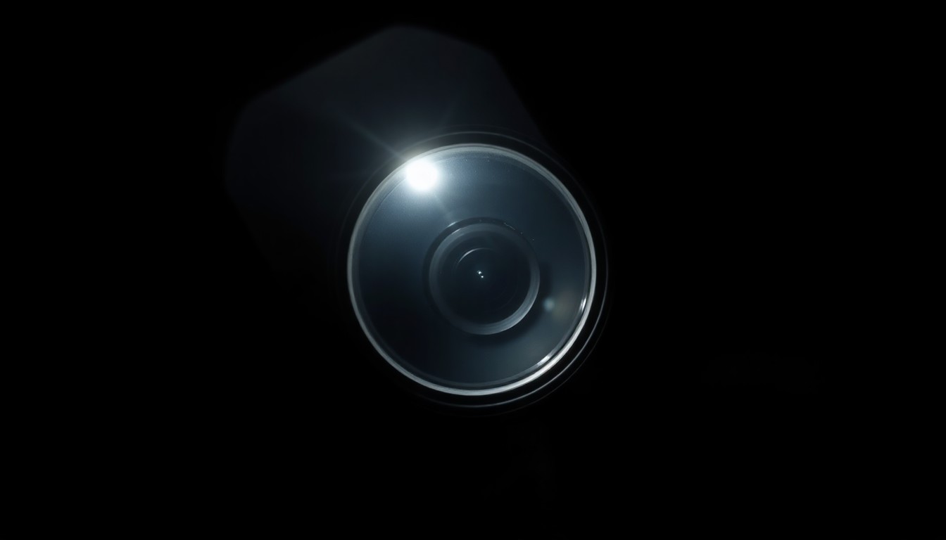 An extreme close-up of a Flock Safety camera lens reflecting a bright flash of light, conceptually illustrating the lack of transparency around the police department's surveillance practices.