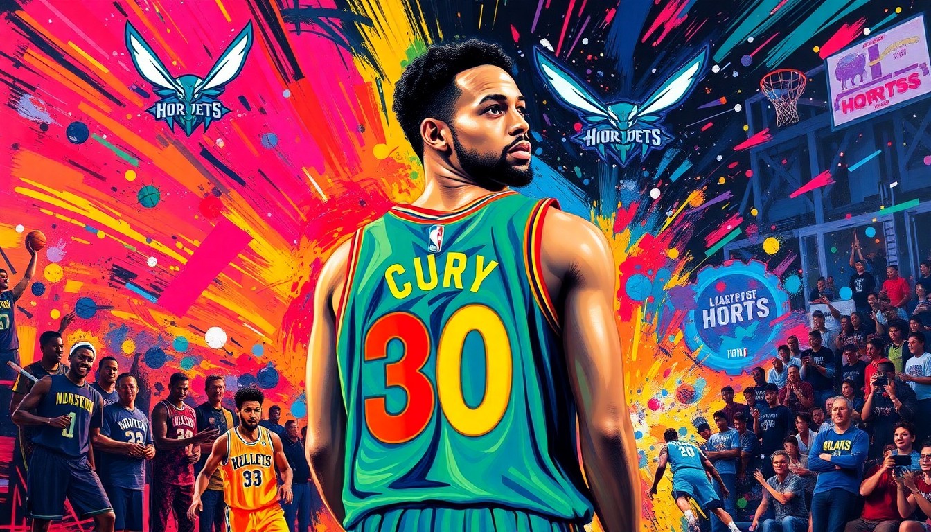 An abstract, expressionist painting in vibrant neon colors depicting the energy and emotion of a basketball jersey retirement ceremony, with a central figure of a player in the Hornets' jersey surrounded by a swirling, energetic background of players, fans, and the team's logo.