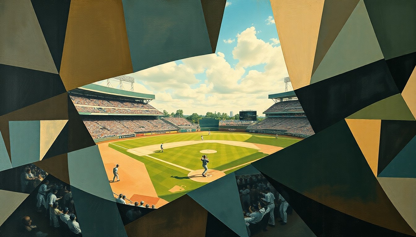 A fragmented, geometric painting depicting a baseball game or match, with the players and field abstracted into sharp, overlapping planes of muted earth tones and blues, creating a chaotic, angular composition.